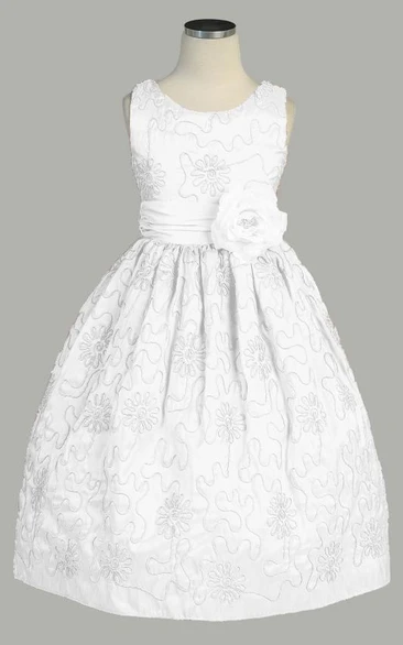 Tea-Length Floral Embroideried Taffeta Flower Girl Dress