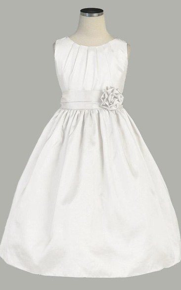 Tea-Length Pleated Taffeta Flower Girl Dress