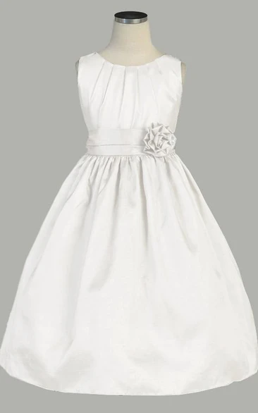 Tea-Length Pleated Taffeta Flower Girl Dress