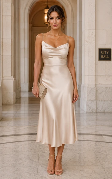 Ivory Cowl Neck Satin Sheath Dress