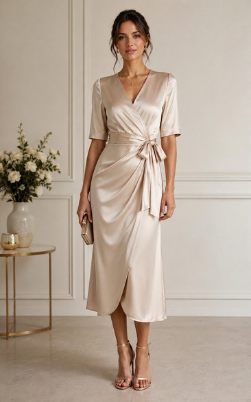 Satin Wrap Midi Guest Dress with Waist Bow