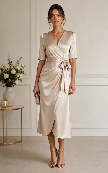 Satin Wrap Midi Guest Dress with Waist Bow