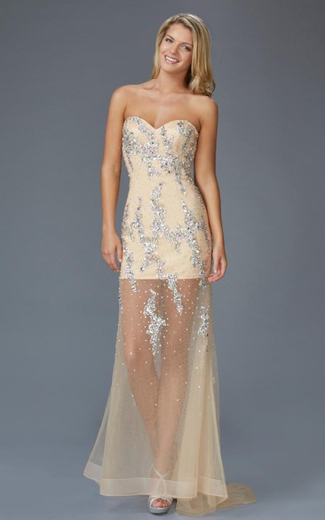 Sheath Long Sweetheart Sleeveless Tulle Sweep Train Dress With Beading