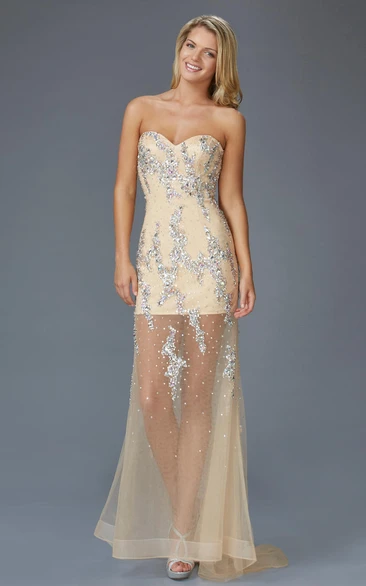 Sheath Long Sweetheart Sleeveless Tulle Sweep Train Dress With Beading