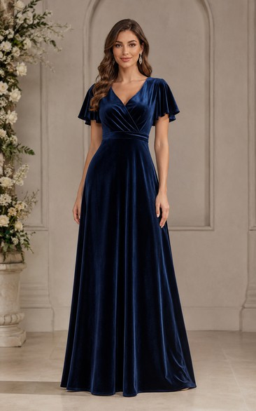 Dark Navy V-neck Flutter Sleeve Velvet A-Line Dress