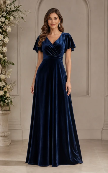 Dark Navy V-neck Flutter Sleeve Velvet A-Line Dress