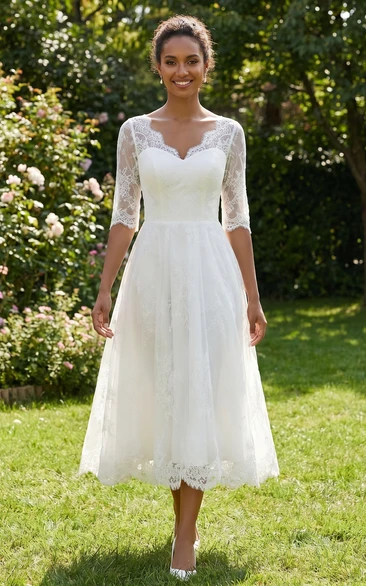 Tea-length Wedding Dress for Older bride | Plus Size Vintage Lace Ivory Modest Midi Bridal Gown with Sleeves