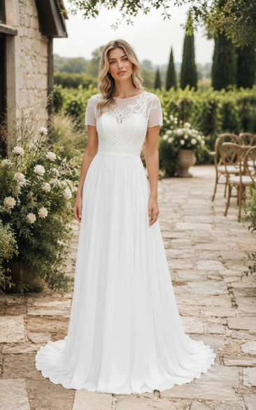 White Cap Sleeve Lace Chiffon A-Line Wedding Dress