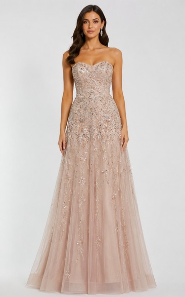Tulle Prom Dress in Blushing Pink, Strapless, Sweetheart A-Line Floor-Length Gown with Appliques and Beading
