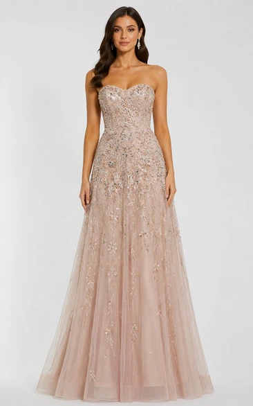Tulle Prom Dress in Blushing Pink, Strapless, Sweetheart A-Line Floor-Length Gown with Appliques and Beading