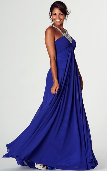 Floor-Length Beaded V-Neck Empire Sleeveless Chiffon Prom Dress