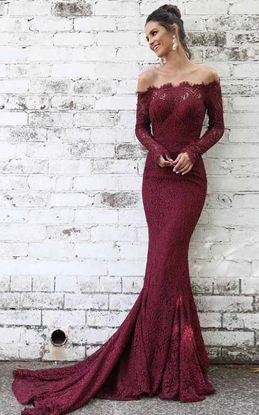 Lace Floor-length Court Train Trumpet Long Sleeve Simple Prom Dress