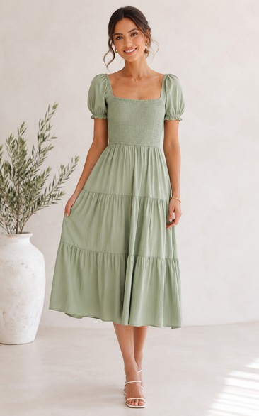 Sage Puff Sleeve Tiered Square Neck Tea-Length Dress
