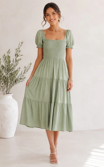Sage Puff Sleeve Tiered Square Neck Tea-Length Dress