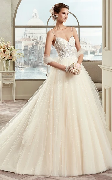 Sweetheart A-line Wedding Gown with Spaghetti Straps and Lace Bodice