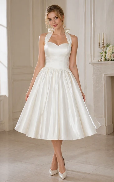 Halter Tea-Length Satin Wedding Dress With Bow And Lace-Up Back