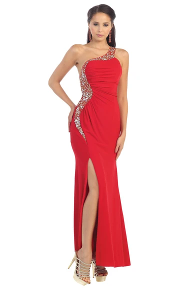 Sheath One-Shoulder Chiffon Straps Dress With Split Front And Split Front