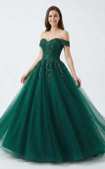 Dark Green Quinceanera Prom Ball Gown Off Shoulder Lace Applique Tulle Dress