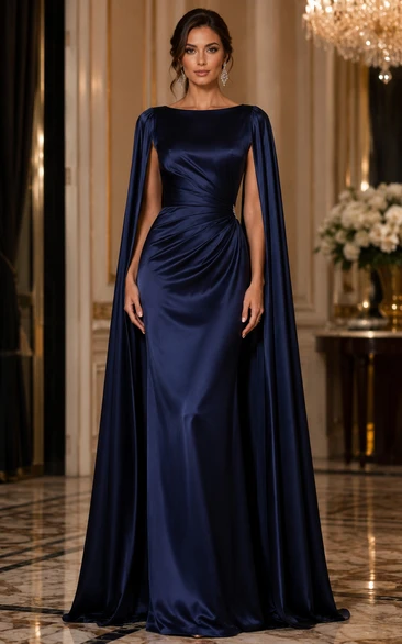 Marineblaues Satin-Abendkleid mit Cape-Ärmeln und U-Boot-Ausschnitt