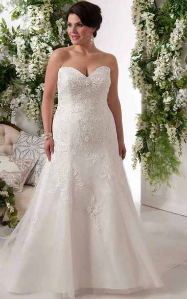 A-Line Floor-Length Sleeveless Sweetheart Appliqued Lace Plus Size Wedding Dress