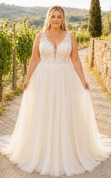 Plus Size Spaghetti-Träger-Brautkleid in A-Linie aus Spitze mit tiefem V-Ausschnitt am Rücken
