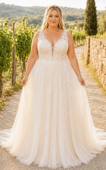 Plus Size Spaghetti-Träger-Brautkleid in A-Linie aus Spitze mit tiefem V-Ausschnitt am Rücken