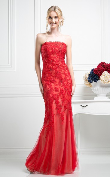 Sheath Strapless Sleeveless Lace Tulle Low-V Back Dress With Appliques And Beading