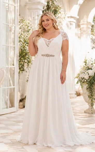 A-Line Floor-Length V-Neck Short Sleeve Chiffon Sweep Train Illusion Lace Vow Renewal Dress
