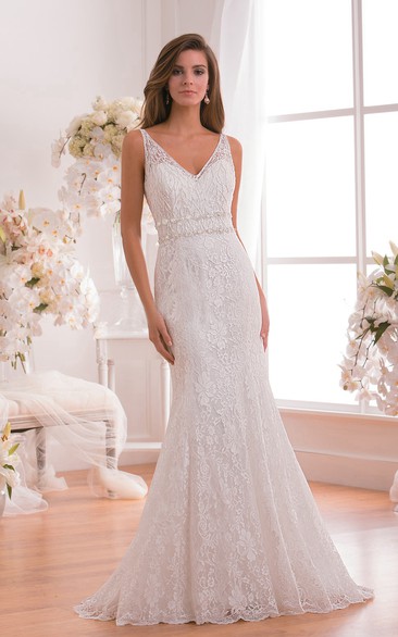 Sleeveless V-Neck Mermaid Wedding Dress With Low V-Back And Jewels