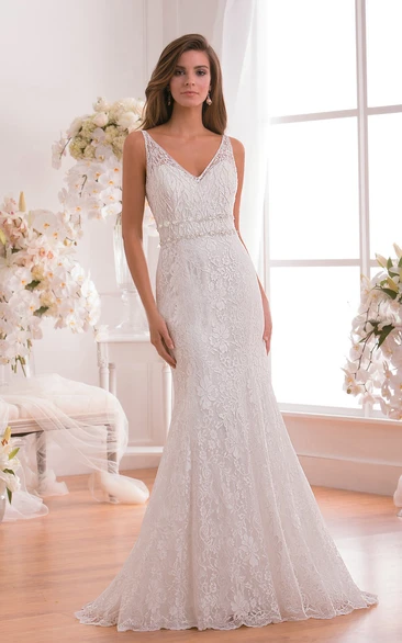 Sleeveless V-Neck Mermaid Wedding Dress With Low V-Back And Jewels