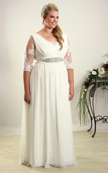 Sheath Half-Sleeve Jeweled V-Neck Chiffon Plus Size Wedding Dress