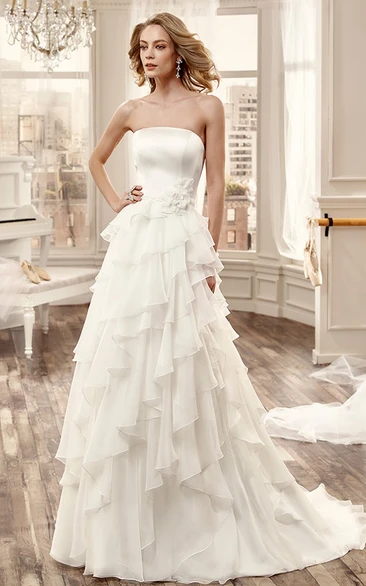 Strapless Long Wedding Dress With Cascading Ruching And Side Floral Waist