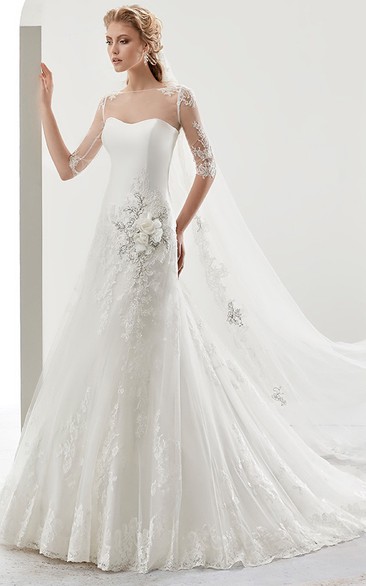 Illusion Half-sleeve Bridal Gown with Beaded Flower Embellishment and Jewel Neck