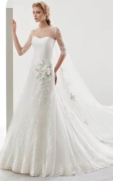 Illusion Half-sleeve Bridal Gown with Beaded Flower Embellishment and Jewel Neck