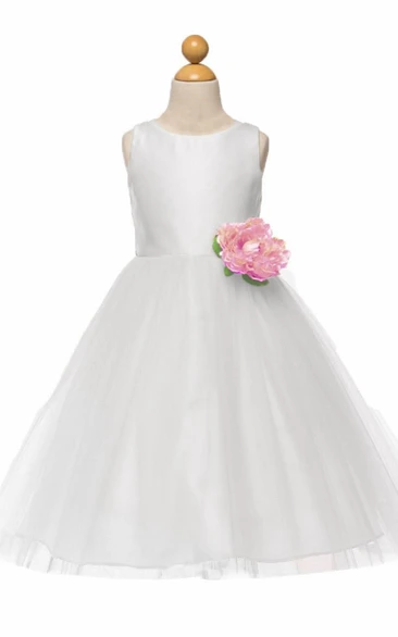 Tea-Length Tiered Tulle&Satin Flower Girl Dress