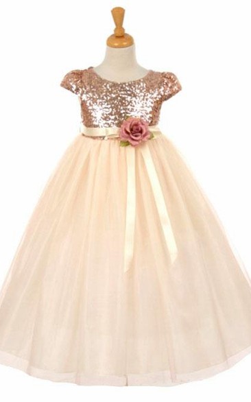 Short Floral Empire Floral Tulle&Sequins Flower Girl Dress With Sash