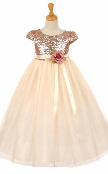 Short Floral Empire Floral Tulle&Sequins Flower Girl Dress With Sash