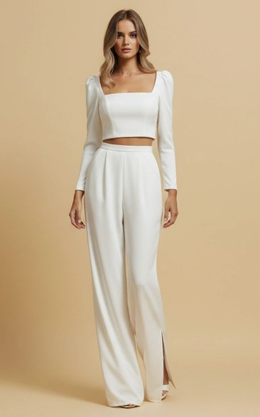 Long Sleeve Square Neck High Waist Wide Leg Wedding Jumpsuit with Side Slit