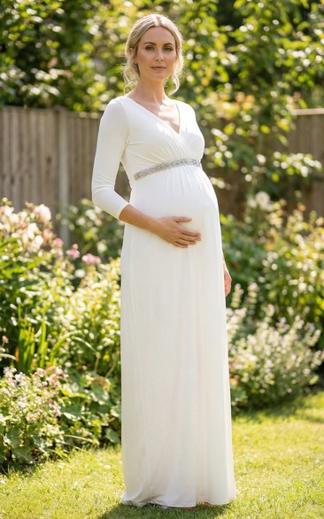 White V Neck Maternity Wedding Dress with Beaded Waist