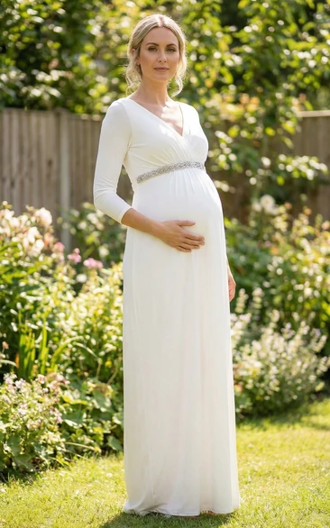 White V Neck Maternity Wedding Dress with Beaded Waist