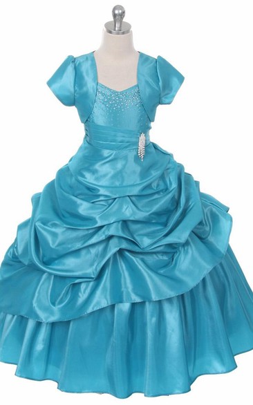 Bolero Ankle-Length Beaded Pleated Lace&Taffeta Flower Girl Dress