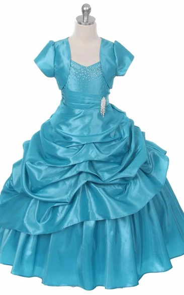 Bolero Ankle-Length Beaded Pleated Lace&Taffeta Flower Girl Dress