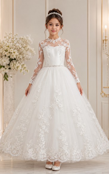 Long Sleeve Lace Illusion White First Communion Ball Gown
