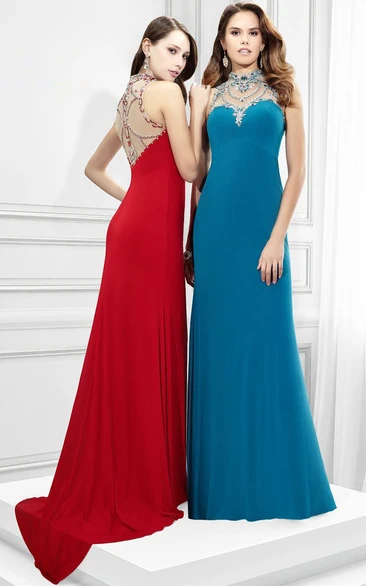 Sheath Sleeveless High-Neck Beaded Long Jersey Prom Dress