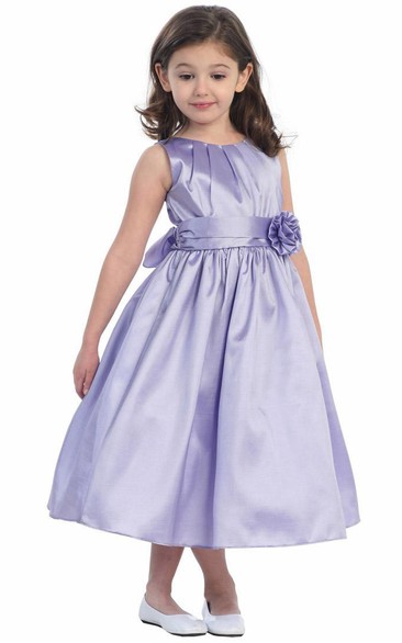 Tea-Length Pleated Taffeta Flower Girl Dress