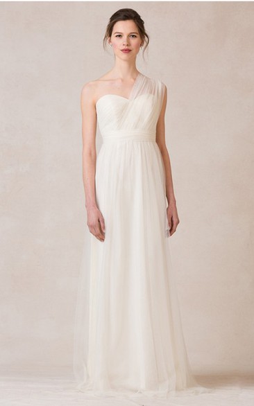 Sleeveless Ruched One-Shoulder Tulle Bridesmaid Dress With Straps