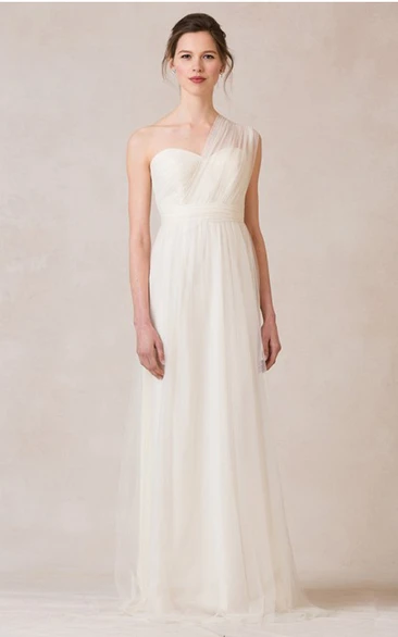 Sleeveless Ruched One-Shoulder Tulle Bridesmaid Dress With Straps