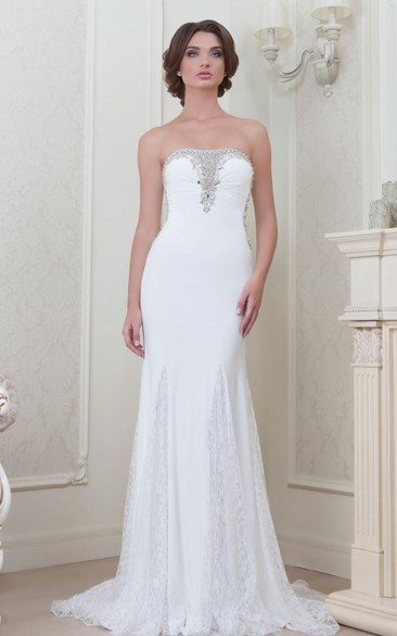 A-Line Beaded Strapless Sleeveless Floor-Length Lace Evening Dress With Appliques