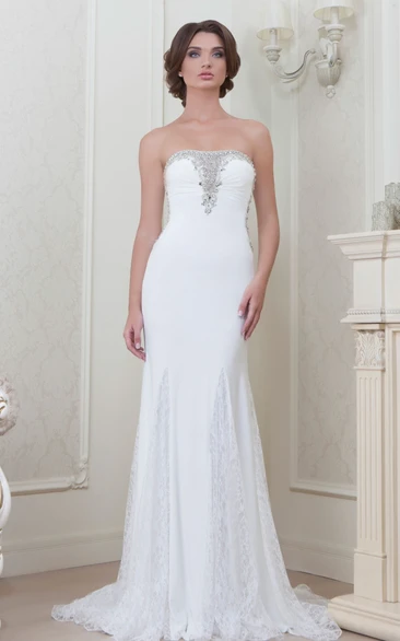 A-Line Beaded Strapless Sleeveless Floor-Length Lace Evening Dress With Appliques