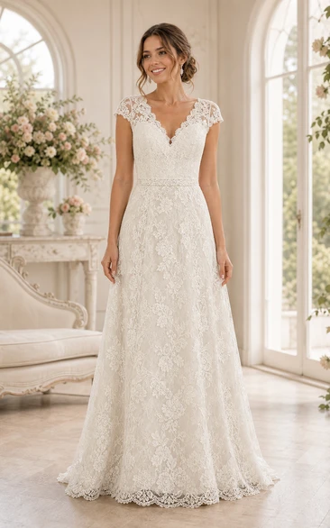 Vintage-Hochzeitskleid mit Spitze und Empire-Kappe in Elfenbeinweiß